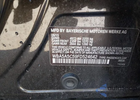 2015 BMW 528I z USA, uszkodzony, nr VIN WBA5A5C59FD524642